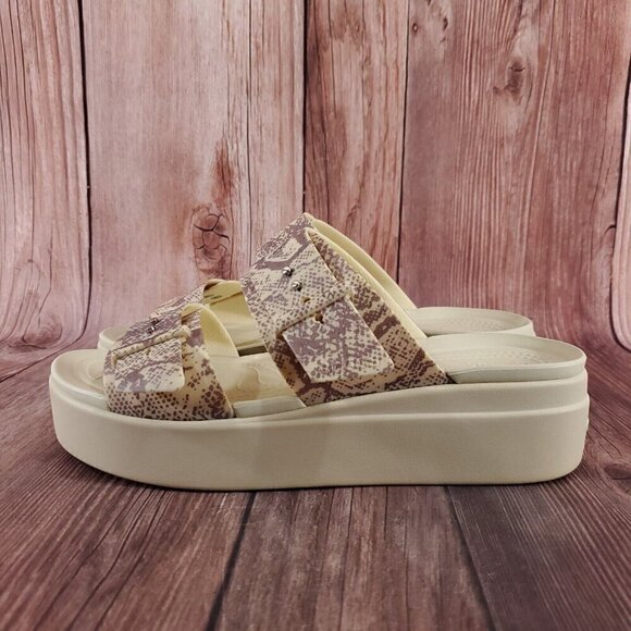 Crocs LiteRide Womens Sz 11 Brooklyn Snake Print Buckle Low Wedge Slides Sandals - Picture 2 of 15